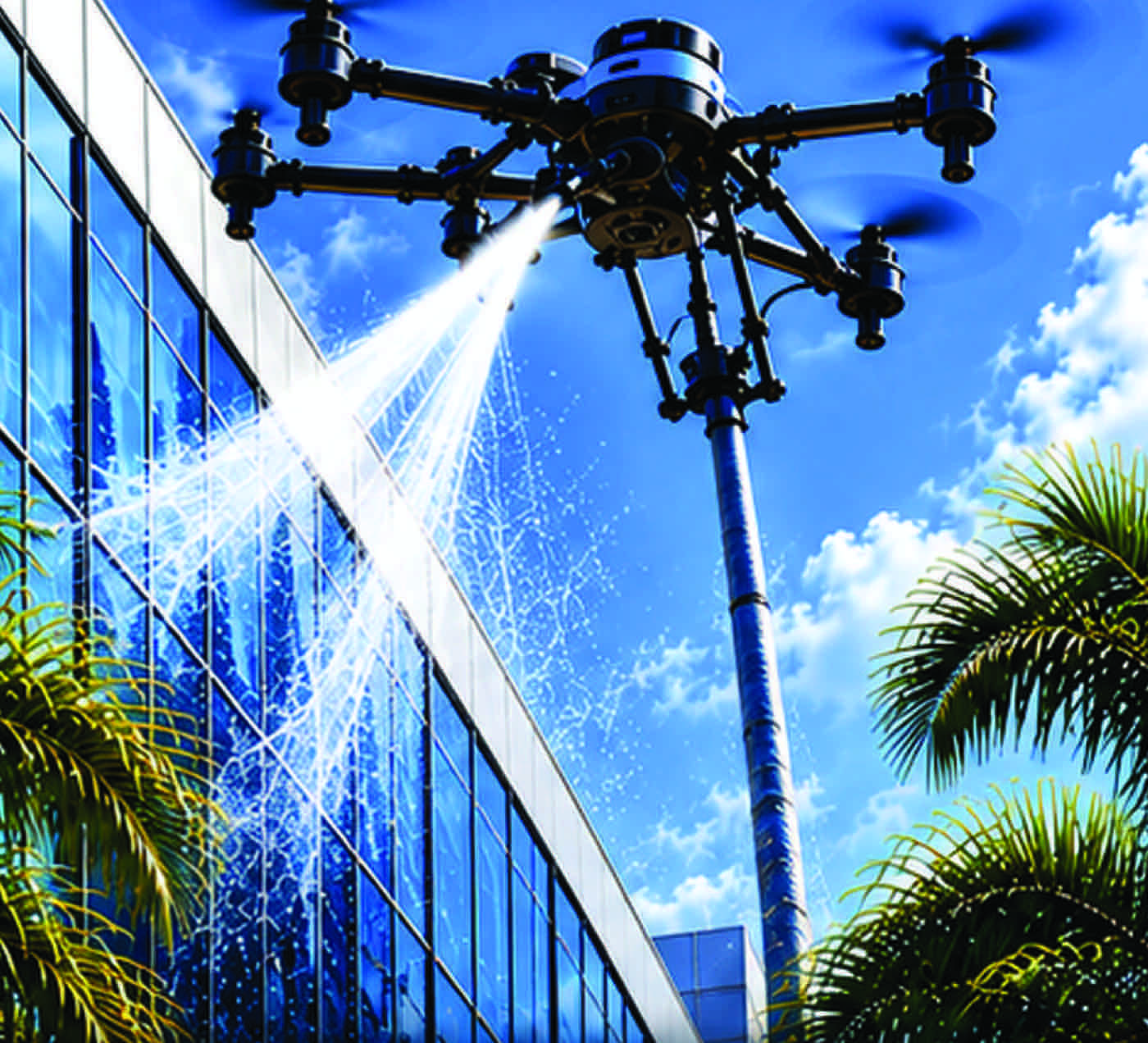 A cleaning drone washing the glass facade of an office building
